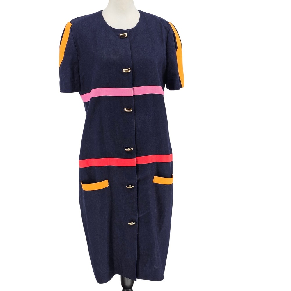 David Warren Shift Dress 12 Navy Vintage 90s Colorblock Mod Linen Blend Nautical